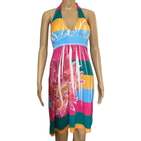 Love J Womens Large Halter Dress Sundress Pink Green Yellow Floral Bling Stretch - Picture 1 of 7